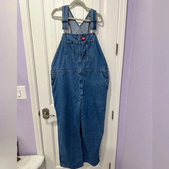 Vintage Dickies Mens 44x30 Spell Out Box Logo Denim Jean Overalls Bibs Blue - Picture 1 of 4